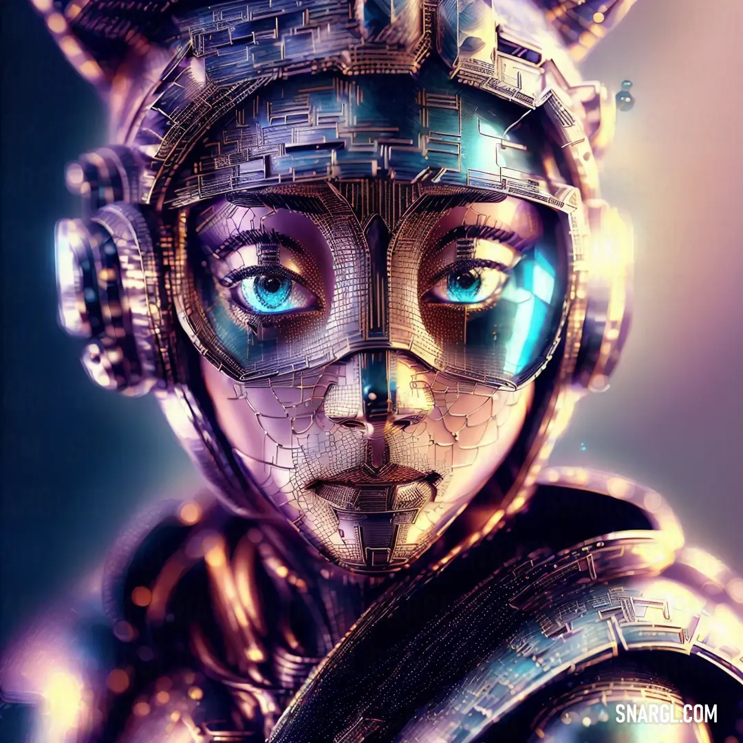 Digital painting of a woman with headphones on her ears and a futuristic suit on her face. Color PANTONE 237.