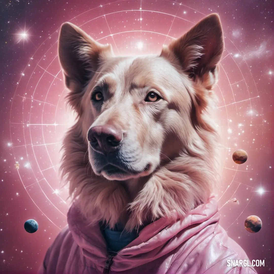 Dog wearing a pink coat with planets in the background