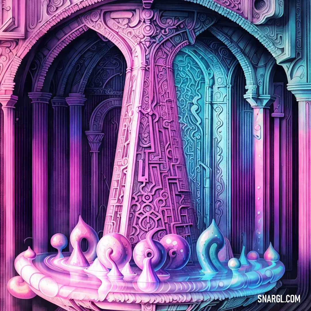 Painting of a fountain with a lot of water in it and a lot of pink and blue colors. Color #DA93BD.