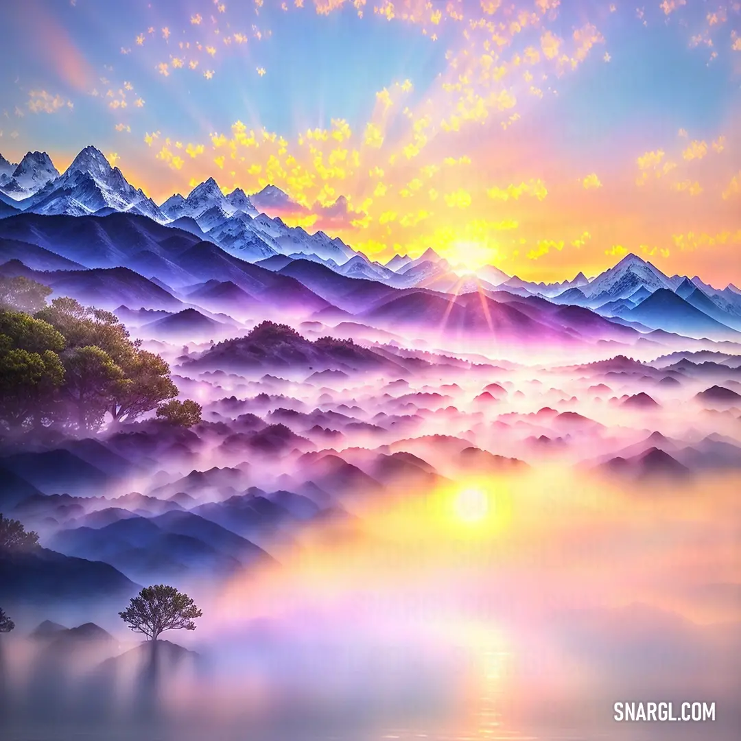 Painting of a mountain range with a sunset in the background and a tree in the foreground