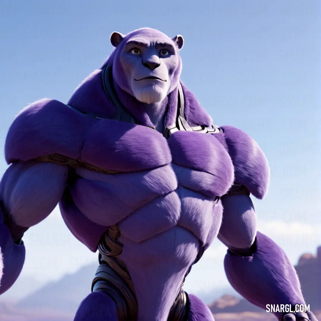 Cartoon character with a purple outfit and a big smile on his face and chest. Color RGB 77,60,139.