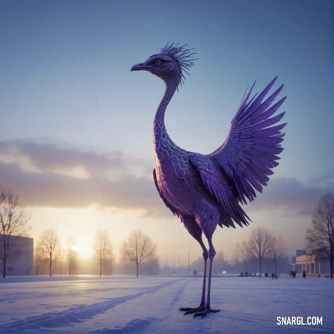 Large purple bird standing on top of a snow covered ground next to a building and trees in the background. Color CMYK 94,100,0,0.