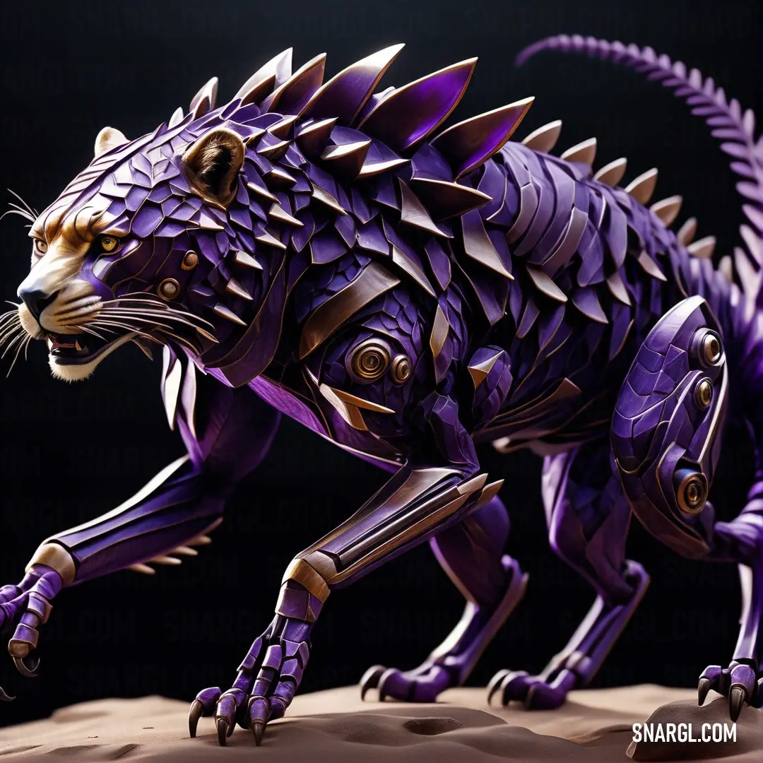 Purple cat with spikes on its head and claws on its body, standing on a rock. Color PANTONE 2371.