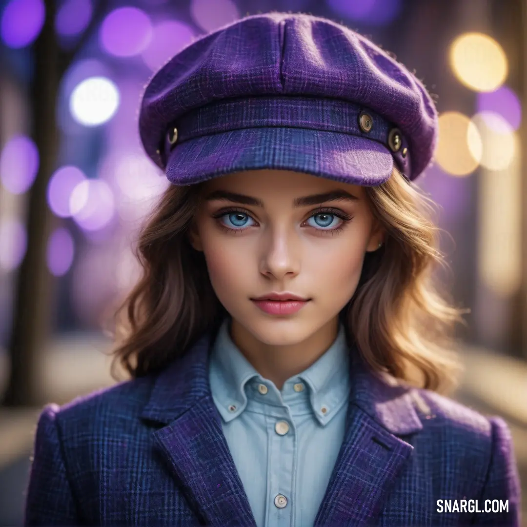 PANTONE 2371 color. Woman wearing a purple hat and a blue shirt and jacket with a blue shirt and blue shirt and a purple jacket
