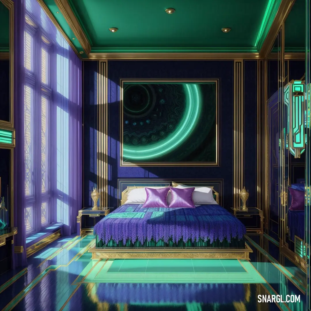 Bedroom with a purple bed and a green wall and a painting on the wall above it and a large window. Color CMYK 97,99,0,14.
