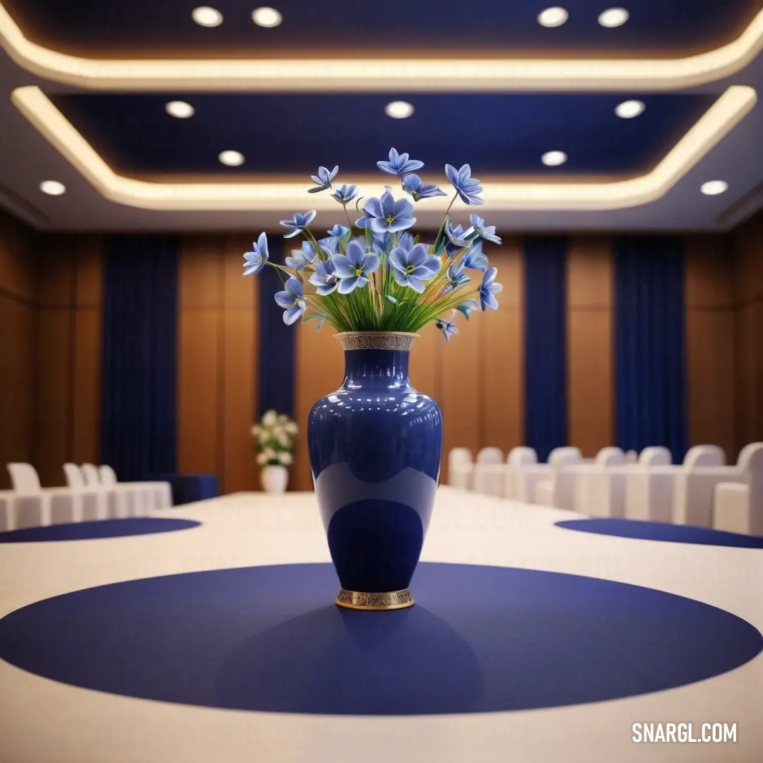 PANTONE 2372 color. Blue vase with blue flowers on a table in a room with white chairs and a blue carpeted floor