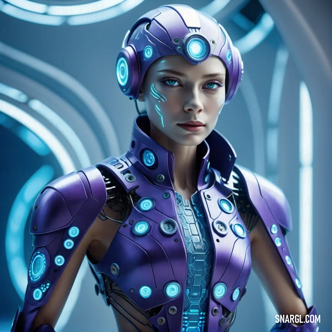 Woman in a futuristic suit with headphones on and a futuristic background. Color #3E387E.