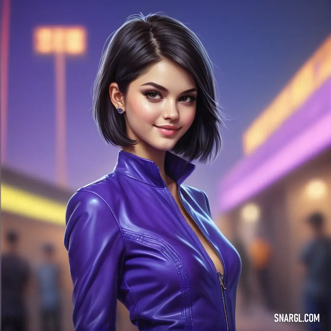 Woman in a purple leather jacket standing in a city at night with a neon light in the background. Example of CMYK 97,99,0,14 color.