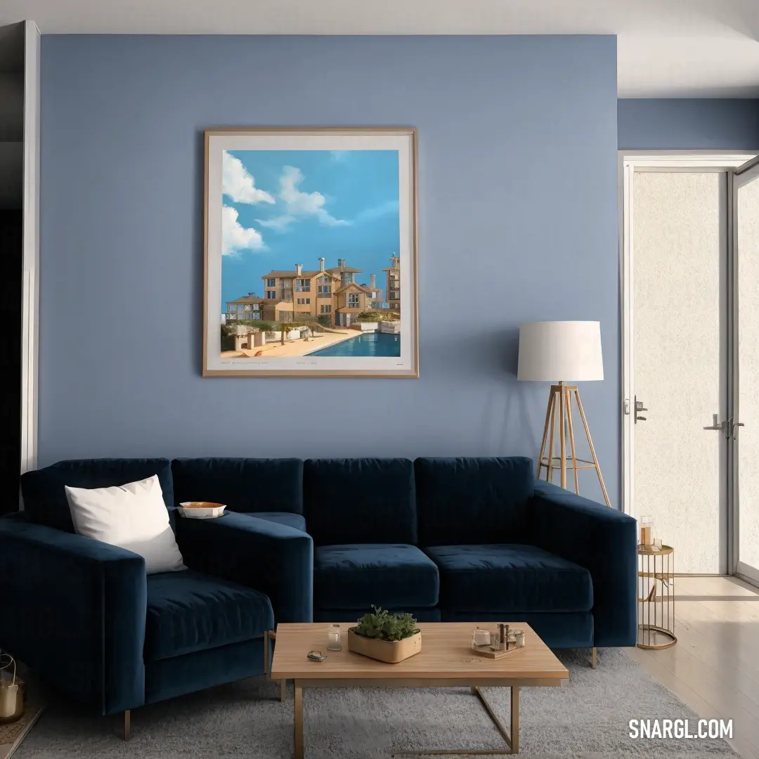 PANTONE 2373 color. Living room with a blue couch and a coffee table in front of a painting of a beach scene