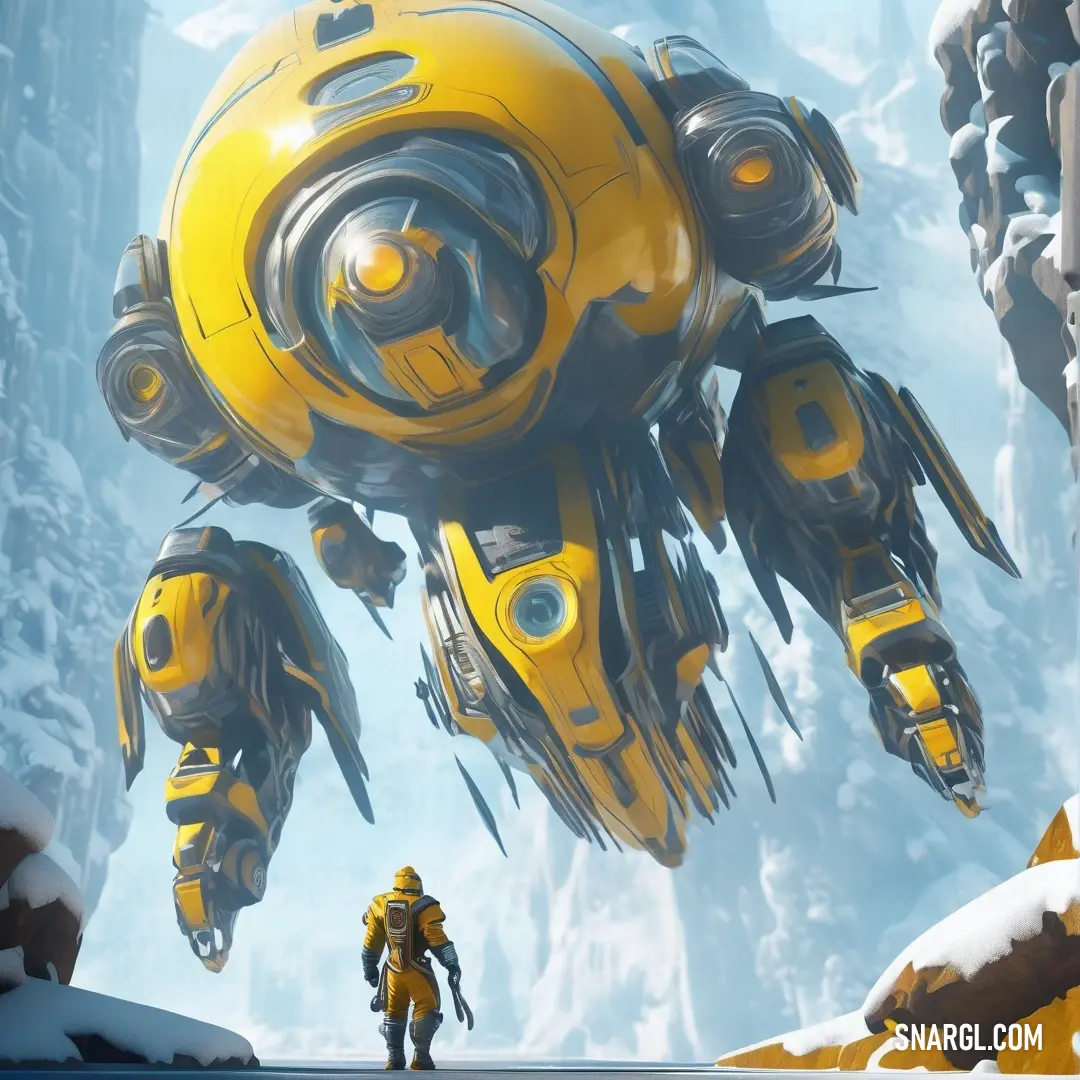 Yellow robot standing in front of a mountain with snow on it's ground. Example of CMYK 58,42,18,5 color.