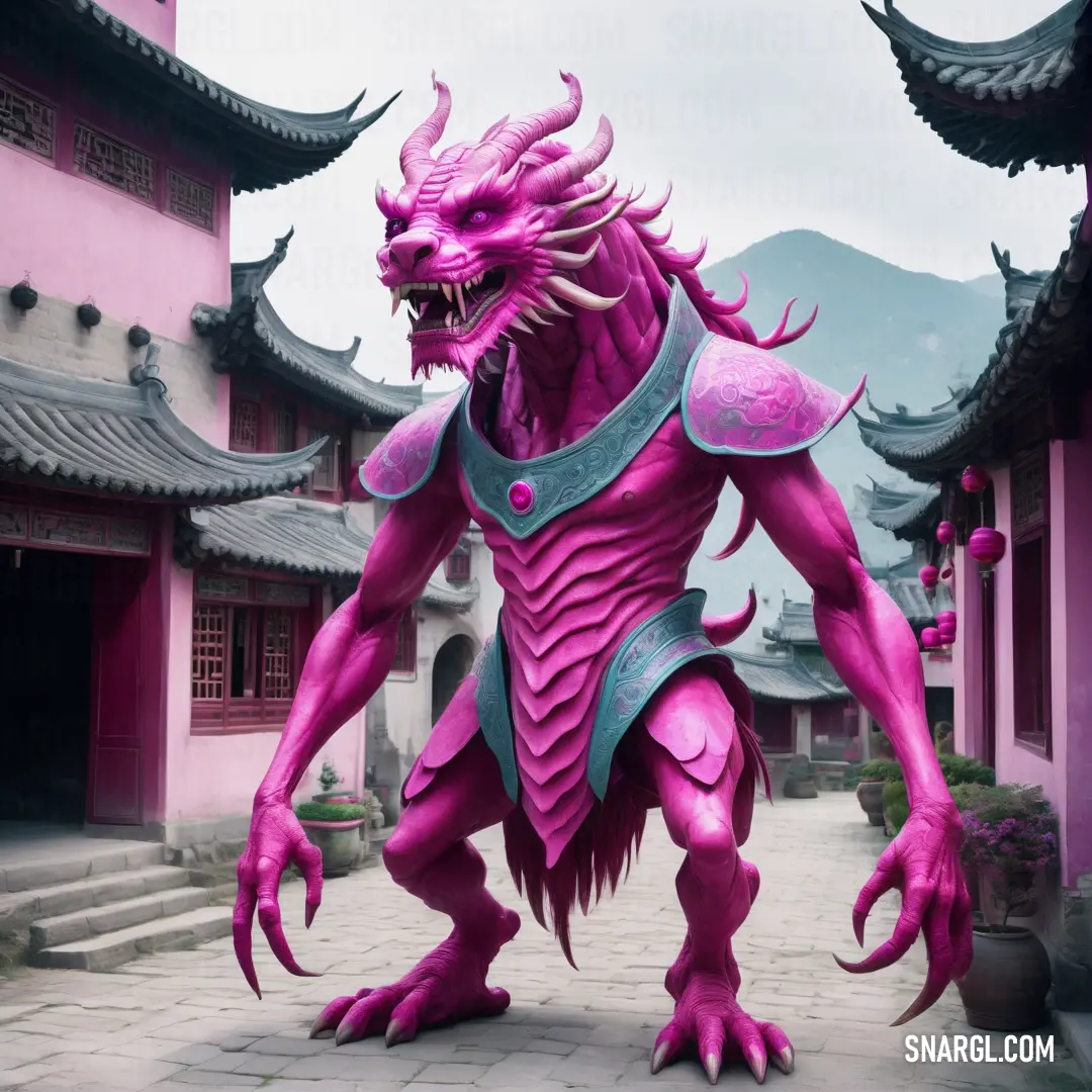 Pink dragon statue in front of a building with mountains in the background. Color #7D8EA6.