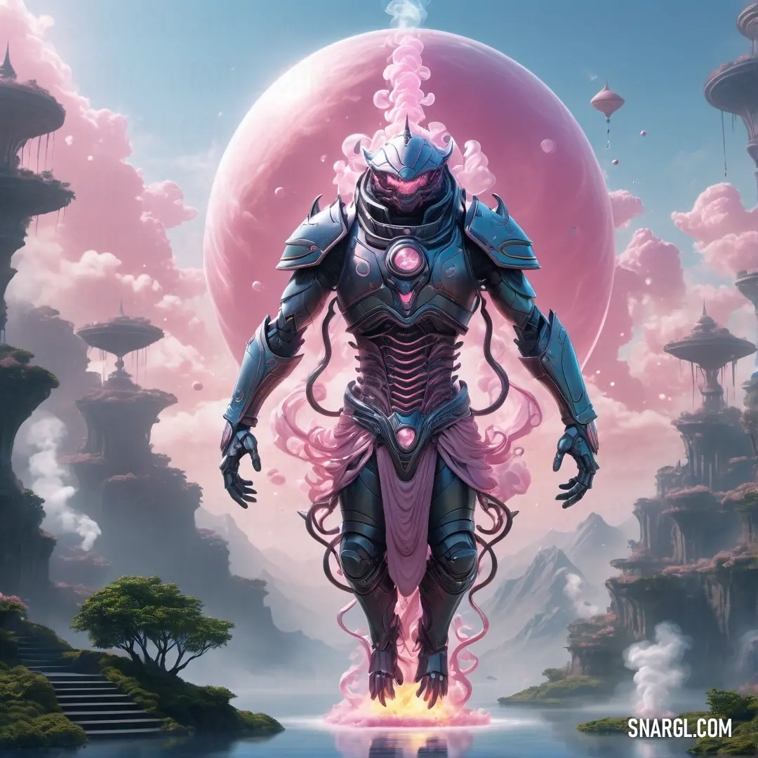 Futuristic creature standing in front of a pink sky with clouds and a giant ball of fire in the background. Example of PANTONE 2375 color.