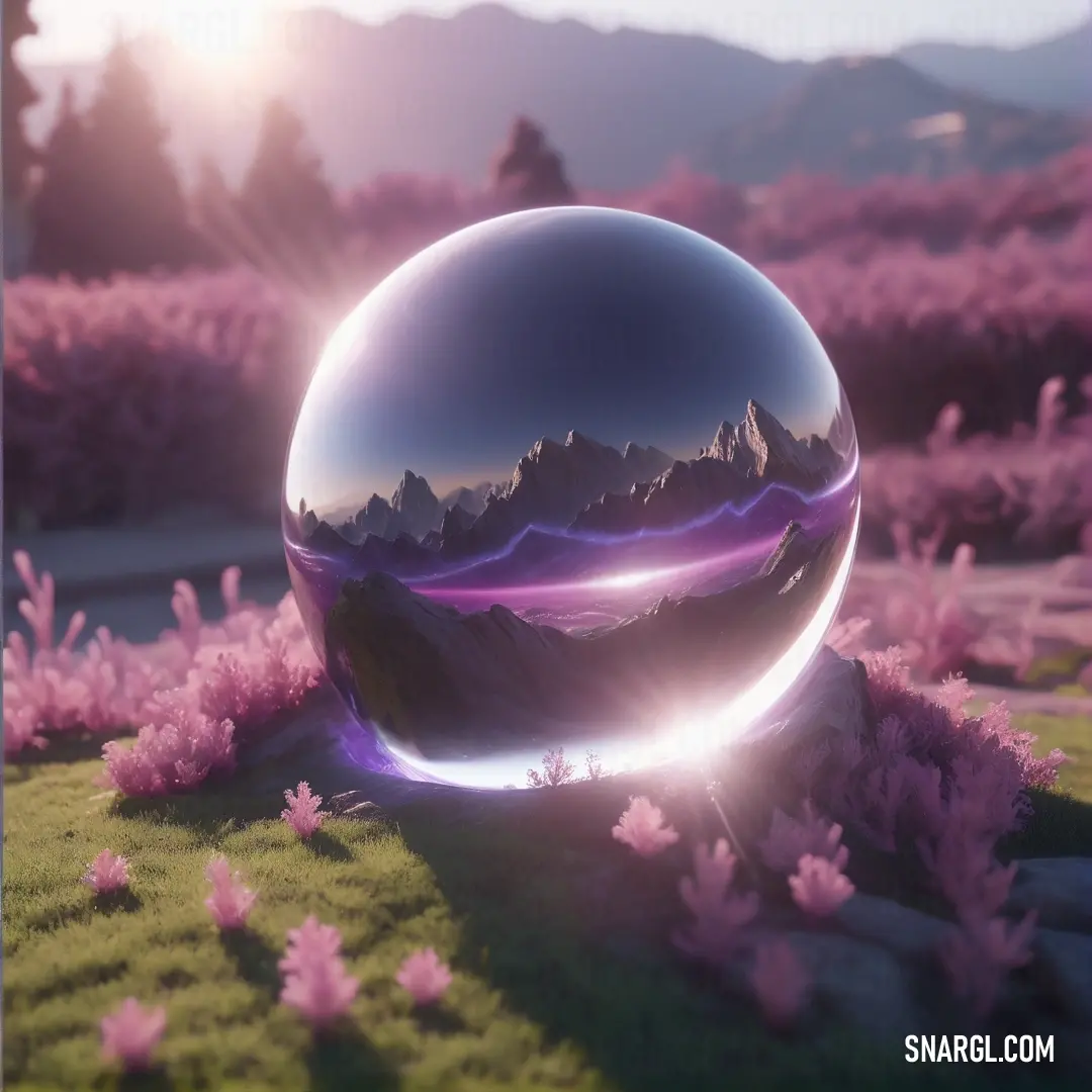 Large crystal ball on top of a lush green field next to a forest filled with pink flowers. Color #CA85B4.