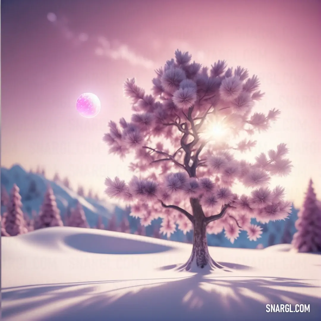 Tree in the snow with a pink sky in the background. Color CMYK 16,60,0,0.