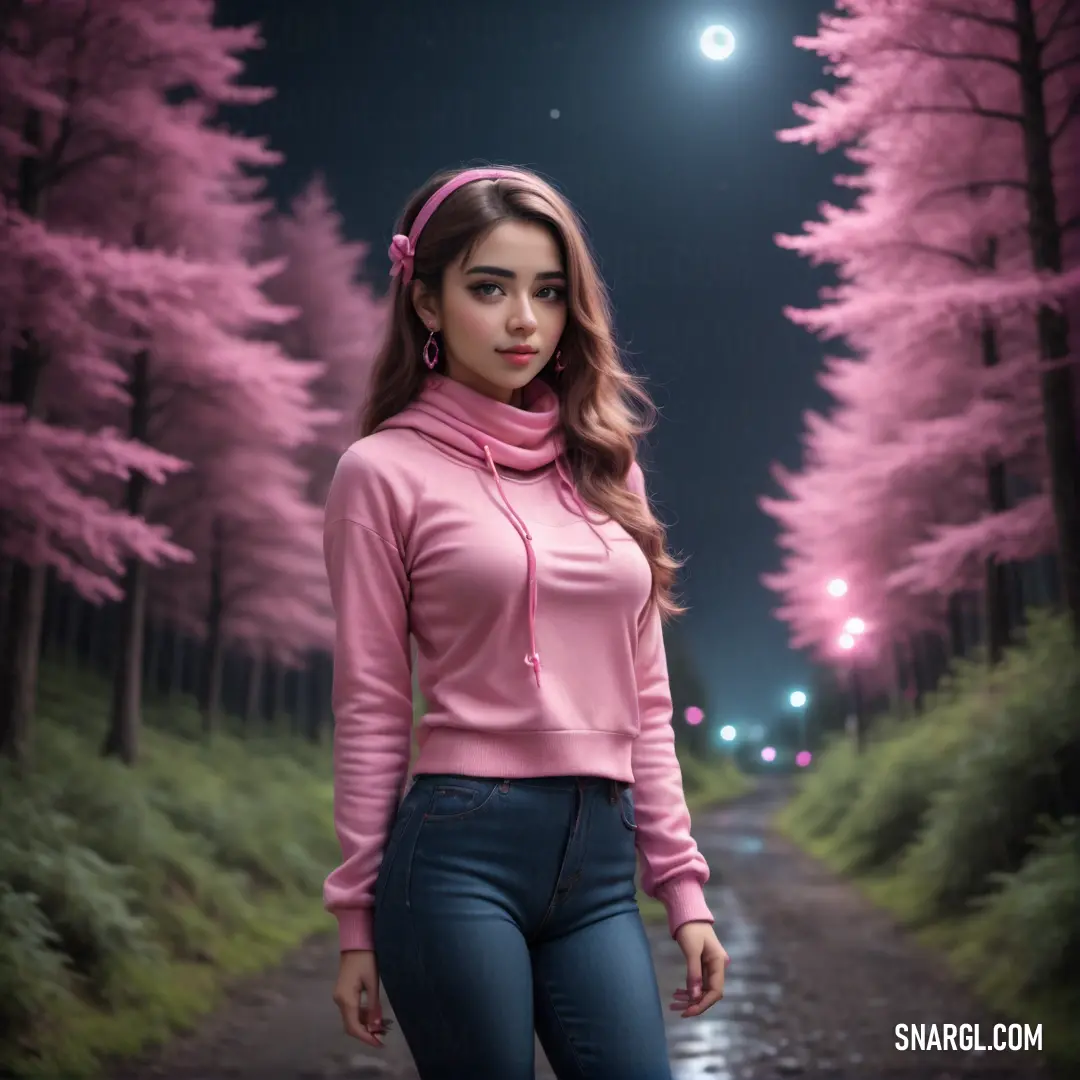 Woman in a pink sweater is standing in the middle of a road with trees and a moon in the background. Color PANTONE 2375.