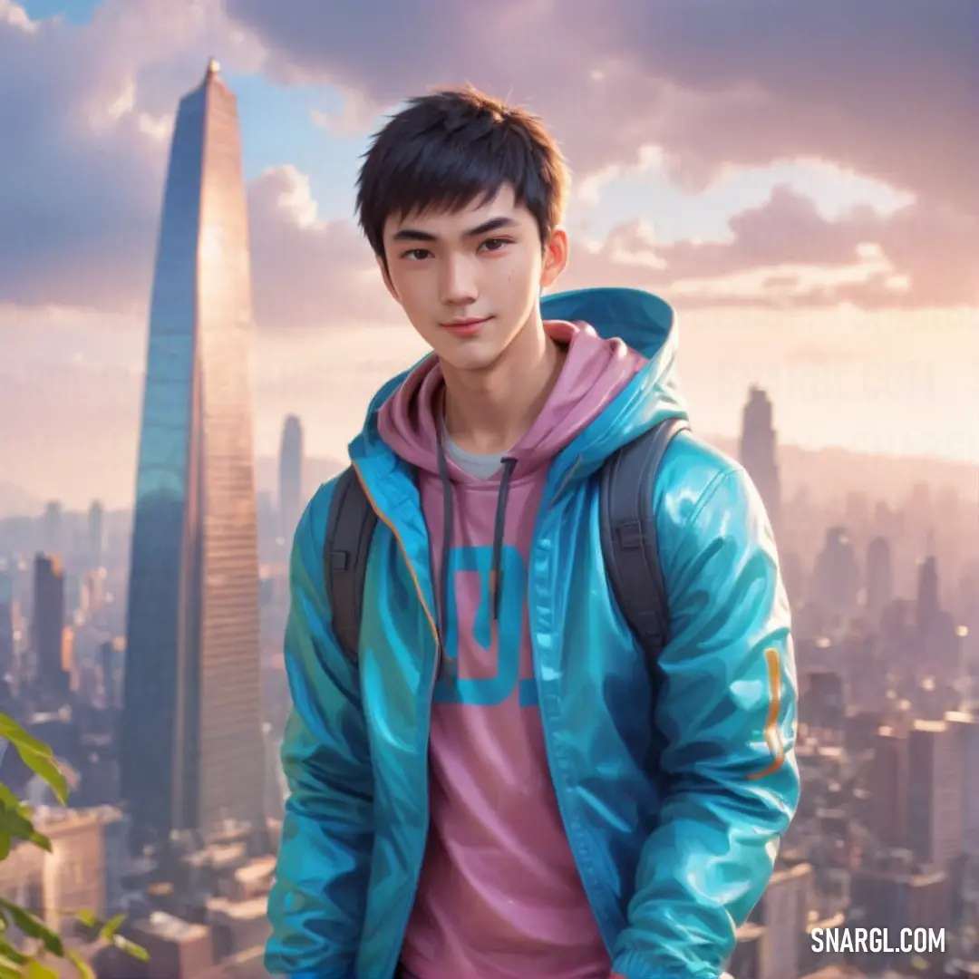 Young man standing in front of a cityscape with a sky background. Example of RGB 202,133,180 color.