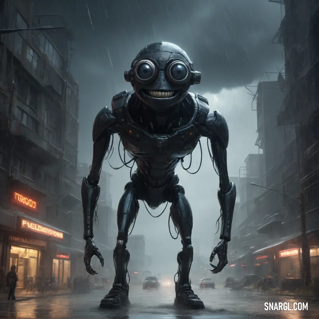 Robot standing in the middle of a city street in the rain with a car in the background. Color #596676.