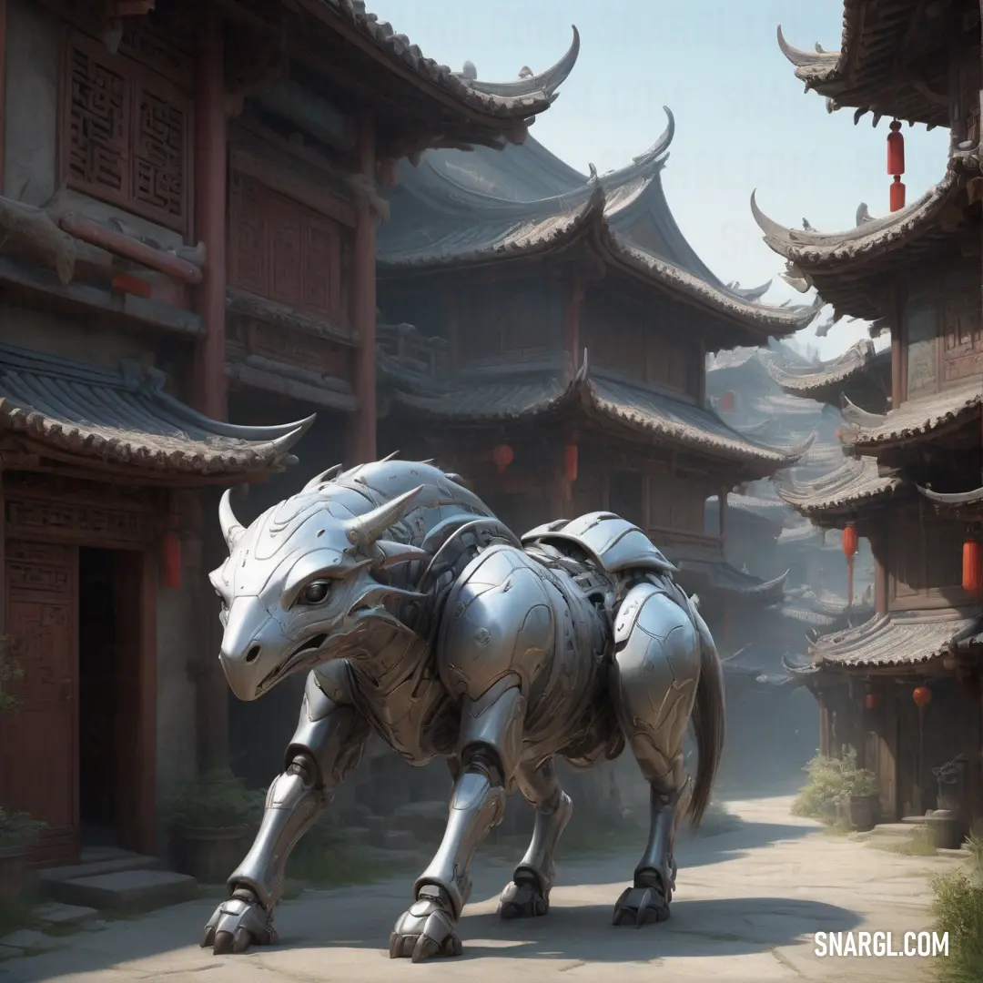 Silver bull statue in front of a building with asian architecture in the background. Color #596676.
