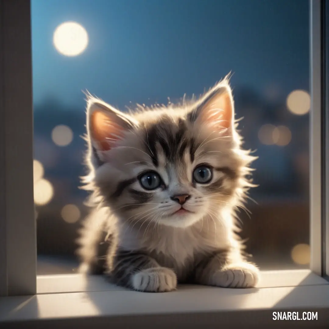PANTONE 2377 color. Kitten on a window sill looking out at the night sky and lights of the city outside