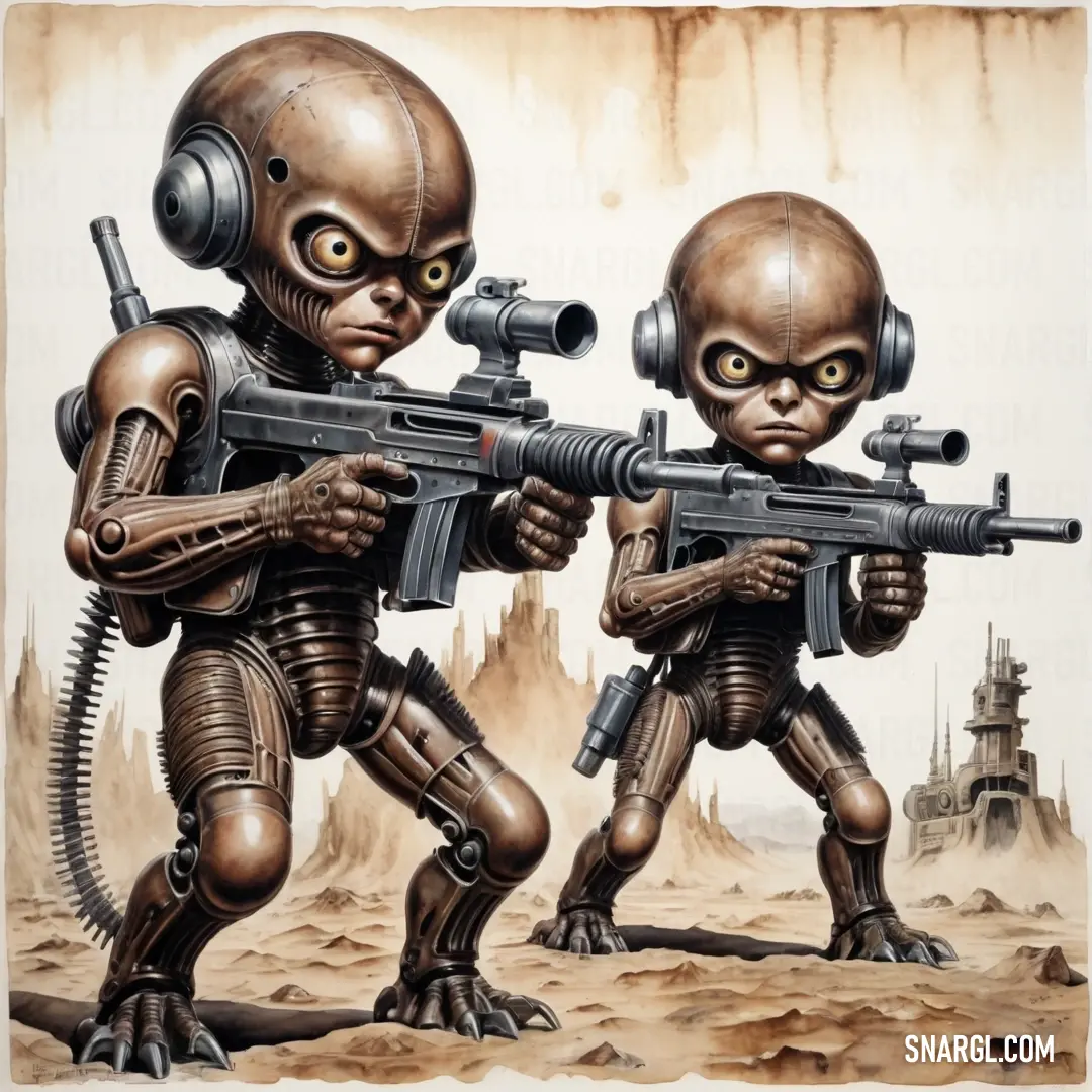 Two alien men with guns in their hands and a ship in the background. Example of PANTONE 2379 color.
