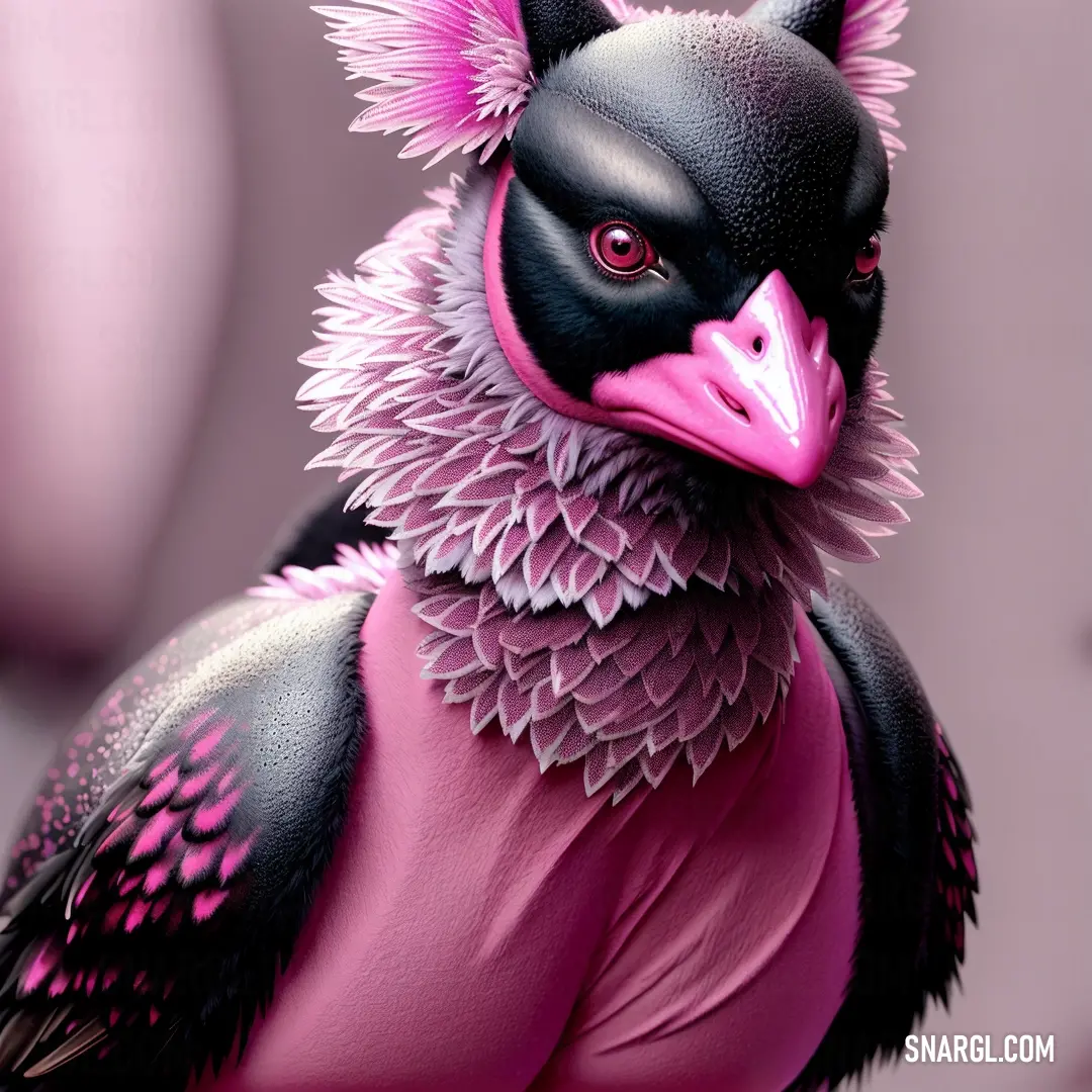 Bird with a pink and black body and a black head and neck with spikes on it's head