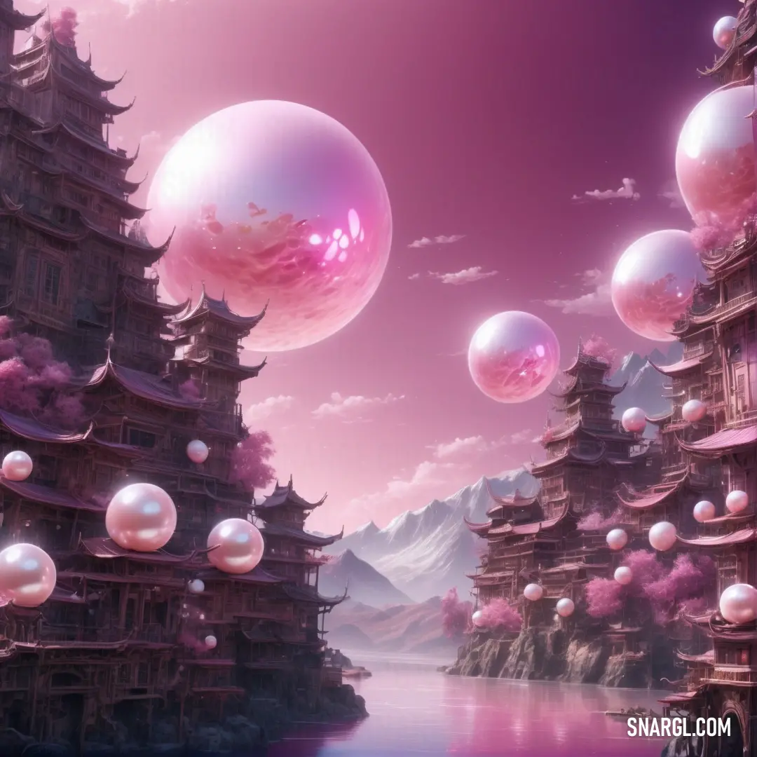 Fantasy scene with a lake and a castle with bubbles floating in the air and a pink sky with clouds