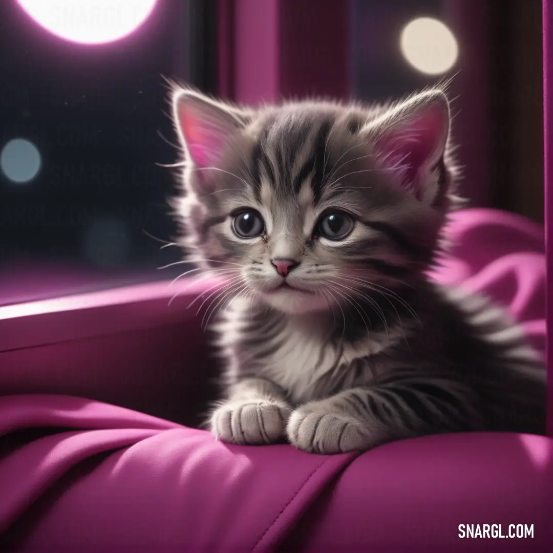 Kitten on a pink couch looking out a window at the night sky and stars in the background