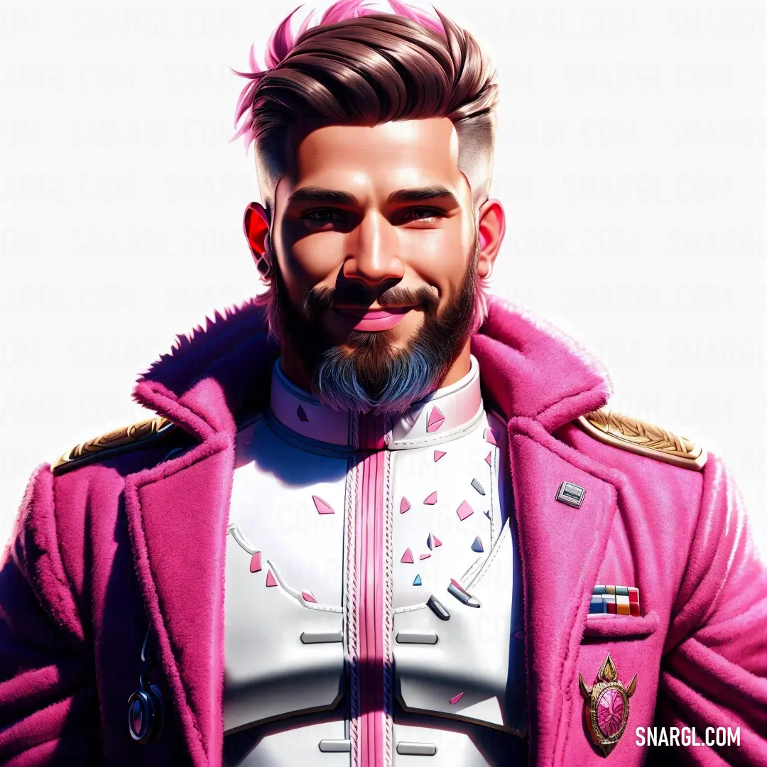 Man with a beard and a pink jacket on is looking at the camera