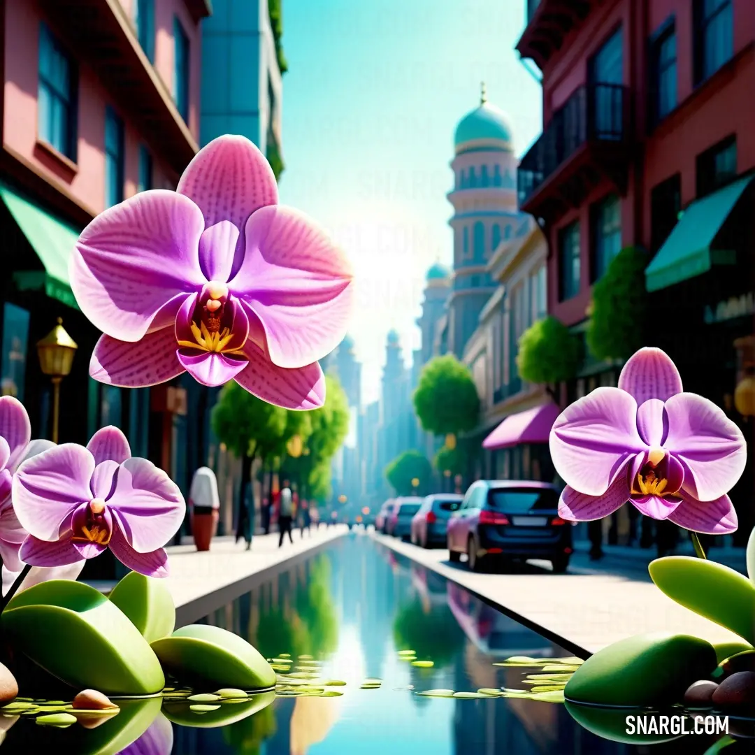 Picture of a city street with flowers in the foreground and a reflection of a building in the water. Color CMYK 12,74,0,0.