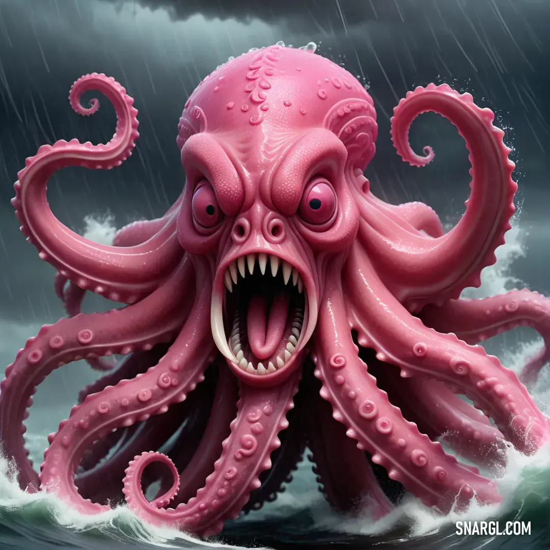 Pink octopus with its mouth open in the water with a storm in the background and a dark sky