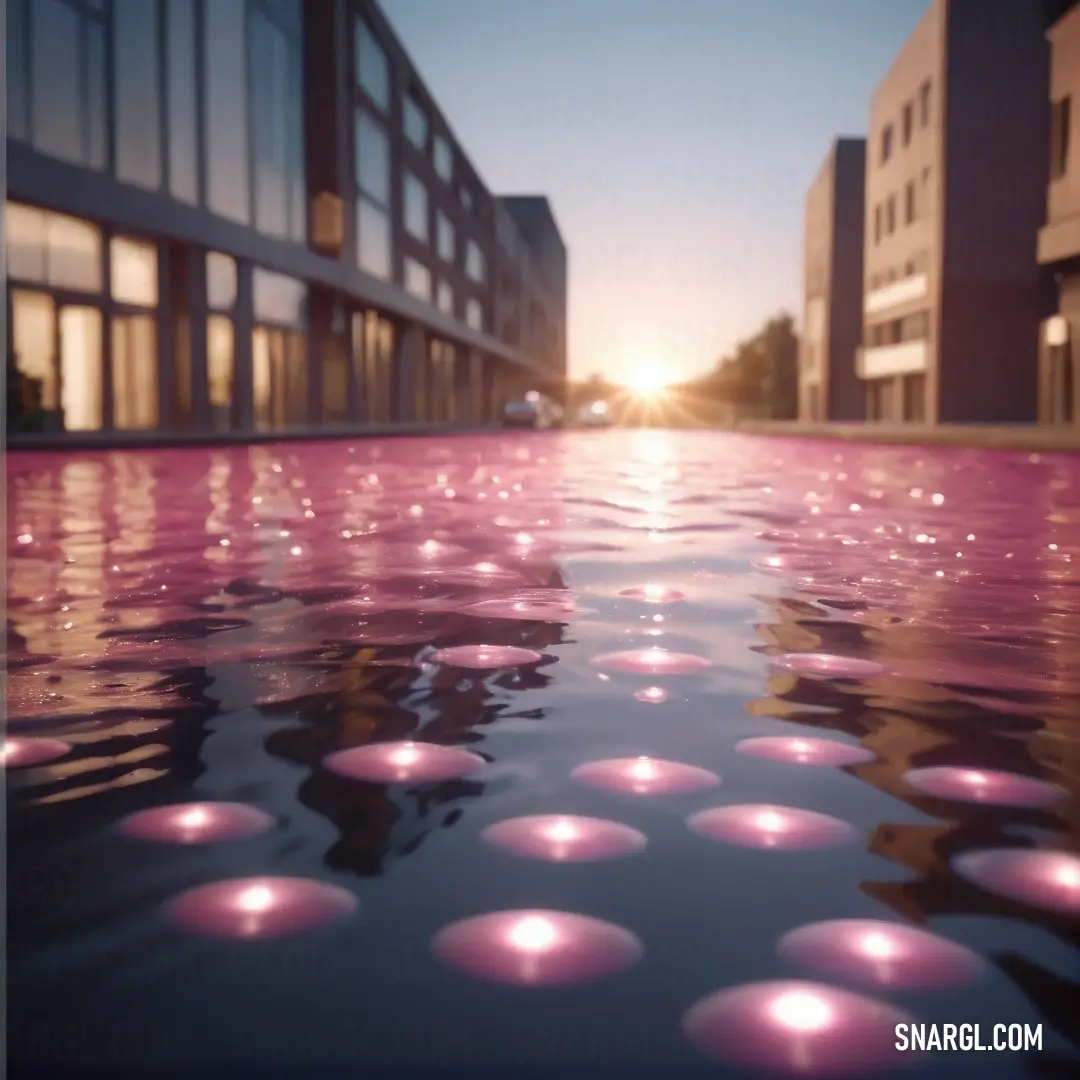 PANTONE 238 color. Street with a lot of pink lights on it and buildings in the background with a reflection of the sun