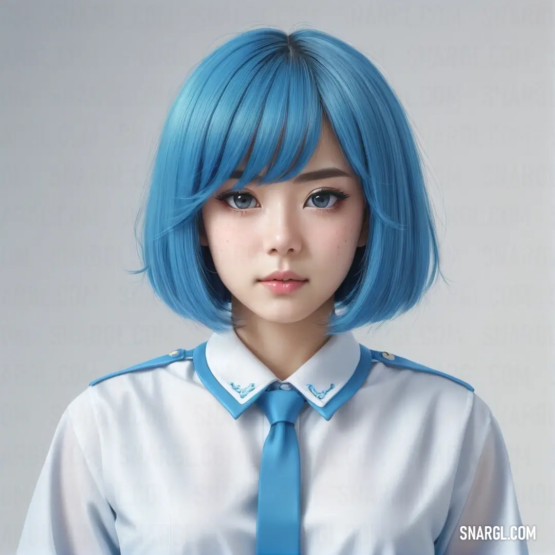 #719BC9 color example: Woman with blue hair wearing a tie and a uniform with a collared shirt