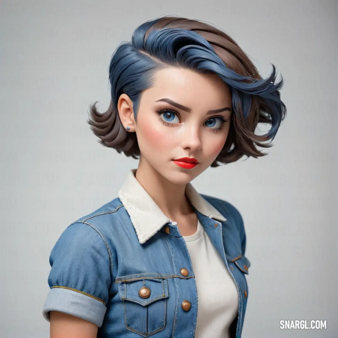 Woman with blue hair and a denim jacket on a gray background with a red lip and a red lip ring. Color #719BC9.