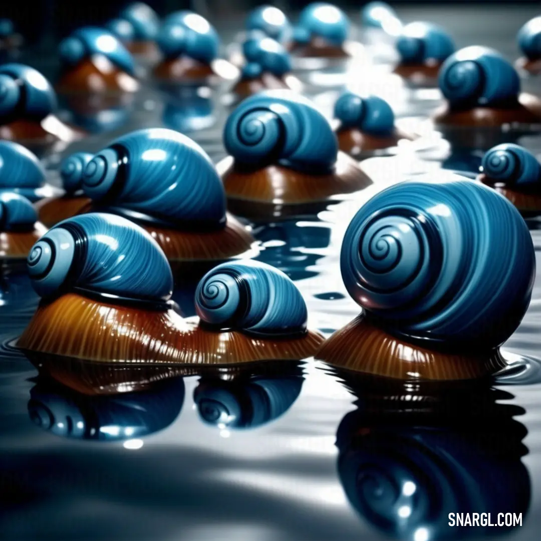 PANTONE 2382 color example: Group of blue and brown snails floating on top of water with reflections on the surface of the water