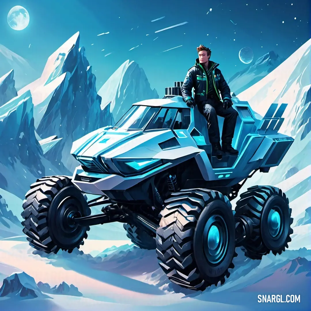 Man standing on top of a monster truck in the snow with mountains in the background. Example of #3F8DC4 color.