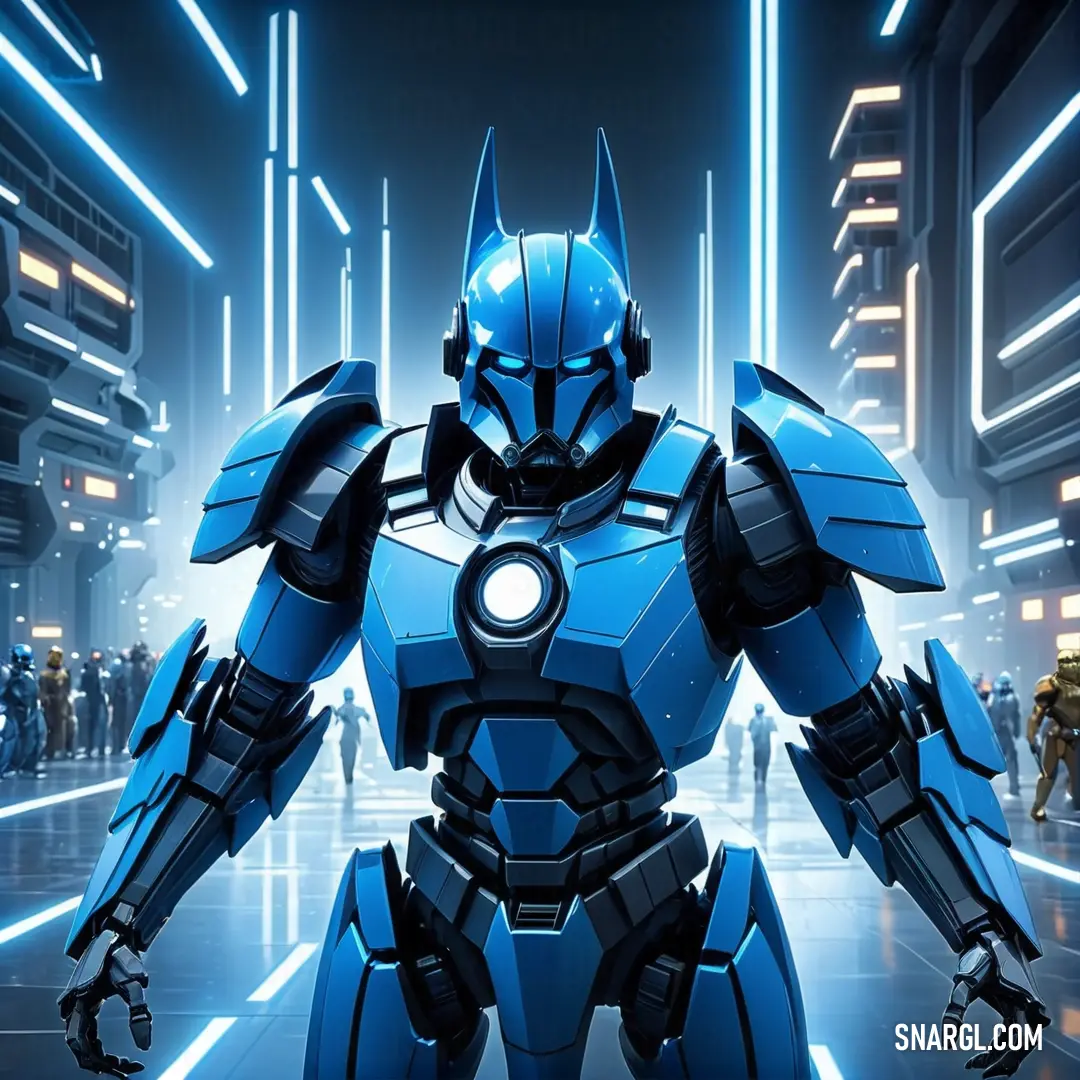 Robot suit standing in a futuristic city at night with other people in the background. Example of RGB 63,141,196 color.