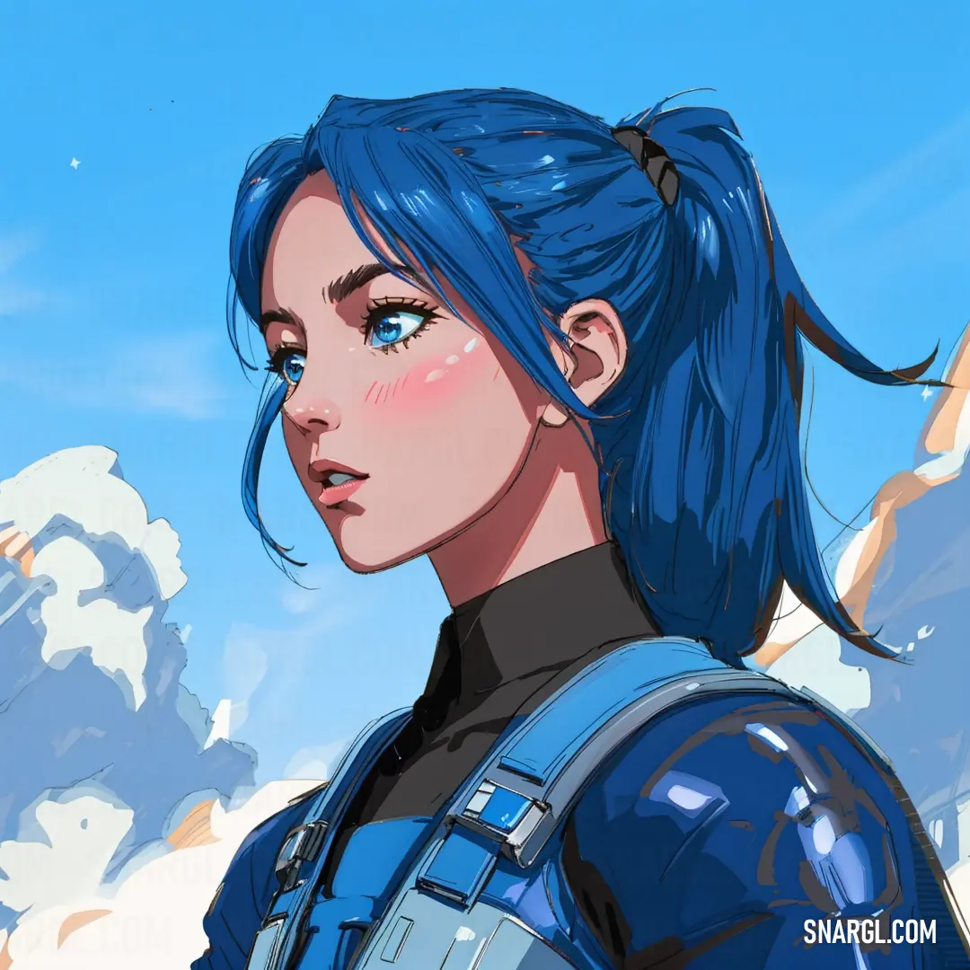 Woman with blue hair and a backpack on her shoulder looking at the sky with a mountain in the background. Color RGB 55,124,176.