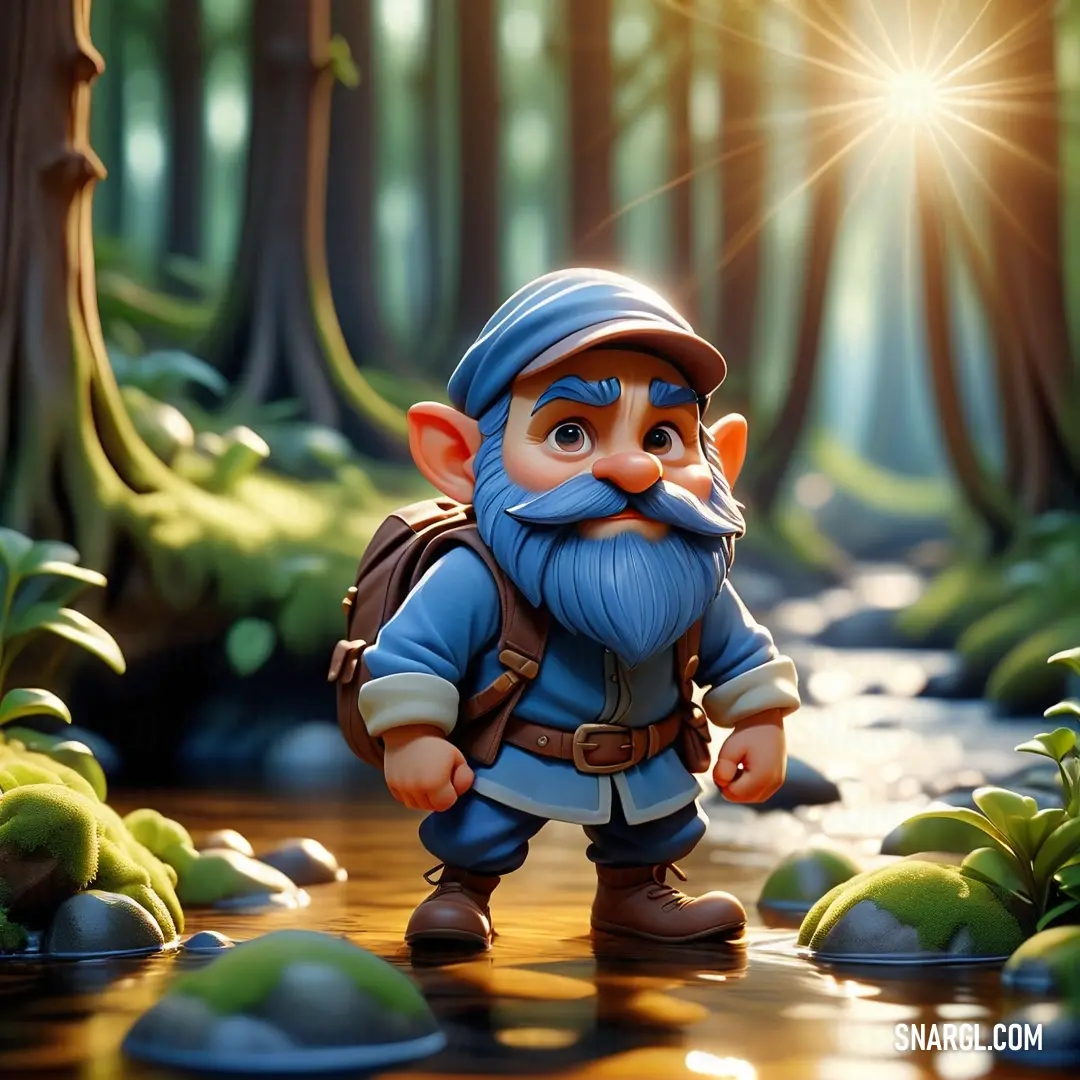 Cartoon gnome is walking through a forest with a backpack on his back and a backpack on his shoulder. Example of #456FAB color.