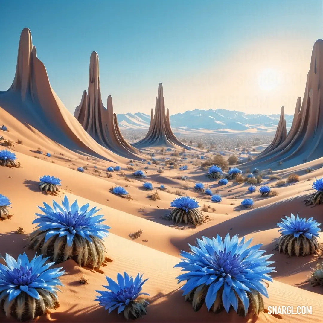 PANTONE 2386 color example: Desert scene with blue flowers and mountains in the background
