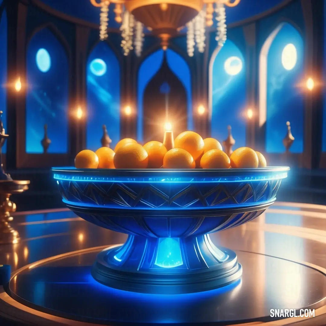 Blue bowl filled with oranges on top of a table next to a chandelier and a chandelier. Example of RGB 53,105,167 color.