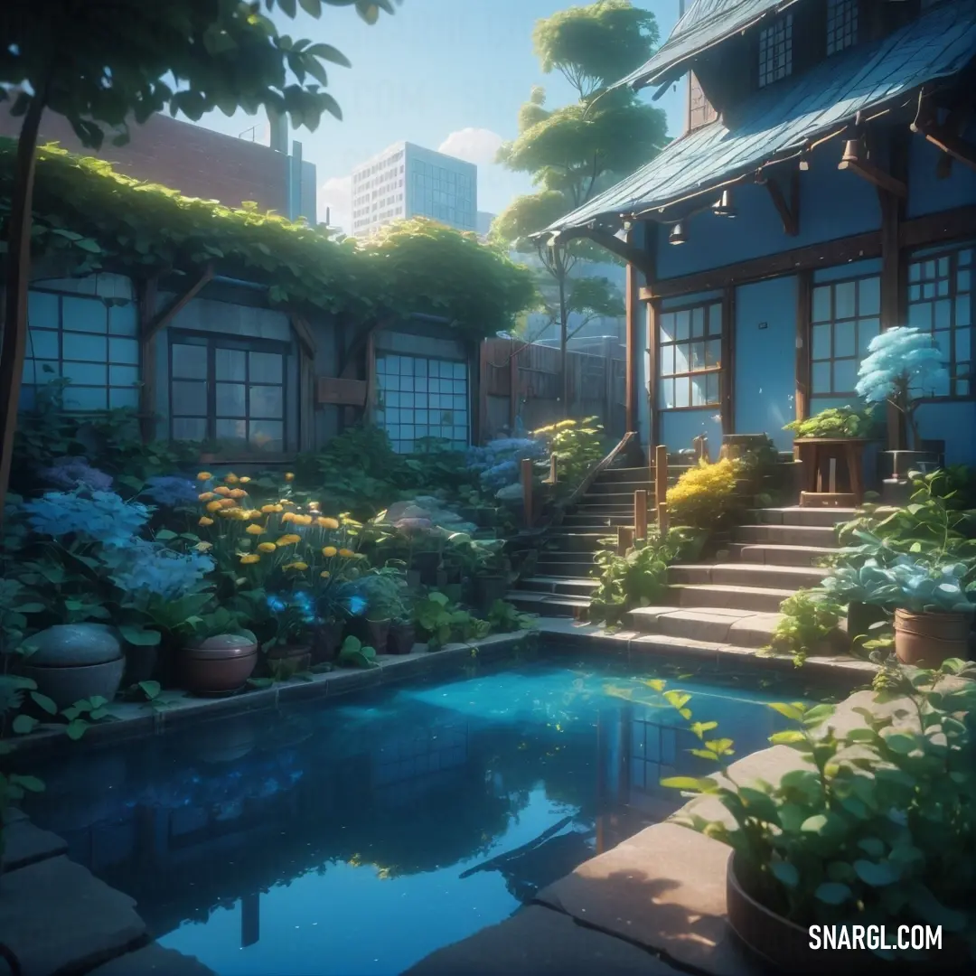 House with a pool in the middle of it and a lot of flowers around it and a lot of trees. Color #3569A7.