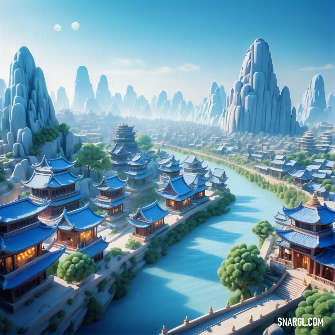 Painting of a chinese city with a river running through it and mountains in the background. Color #3569A7.