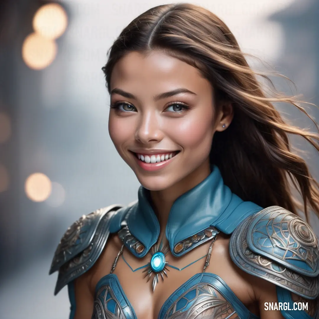 Woman in a blue dress with a helmet and armor on her chest and a smile on her face. Example of #3569A7 color.