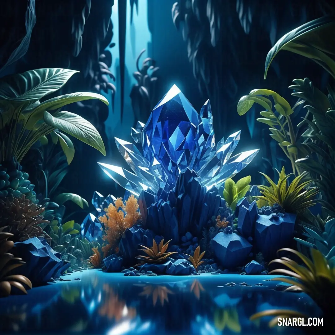 Blue diamond surrounded by plants and rocks in a dark forest with water and plants around it. Color RGB 23,82,150.