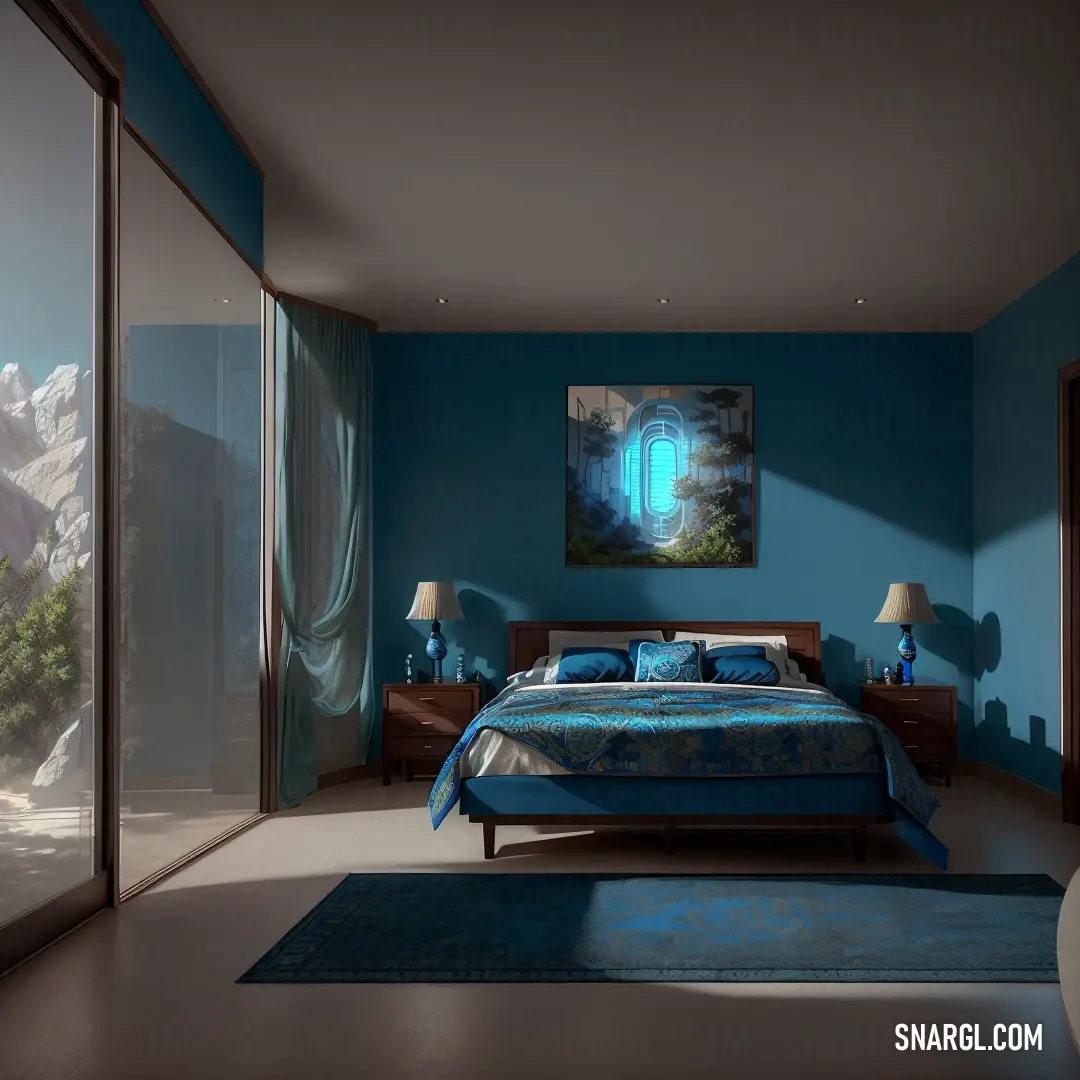 PANTONE 2389 color. Bedroom with a blue wall and a large bed in it's center area with a painting on the wall
