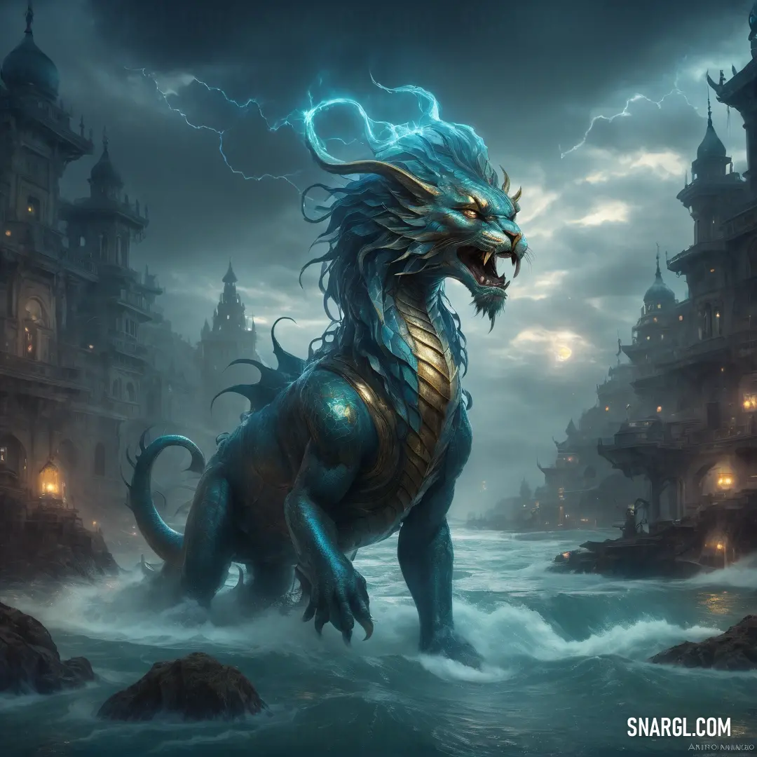 Blue dragon standing in the water near a castle with a lightning bolt in its mouth and a castle in the background