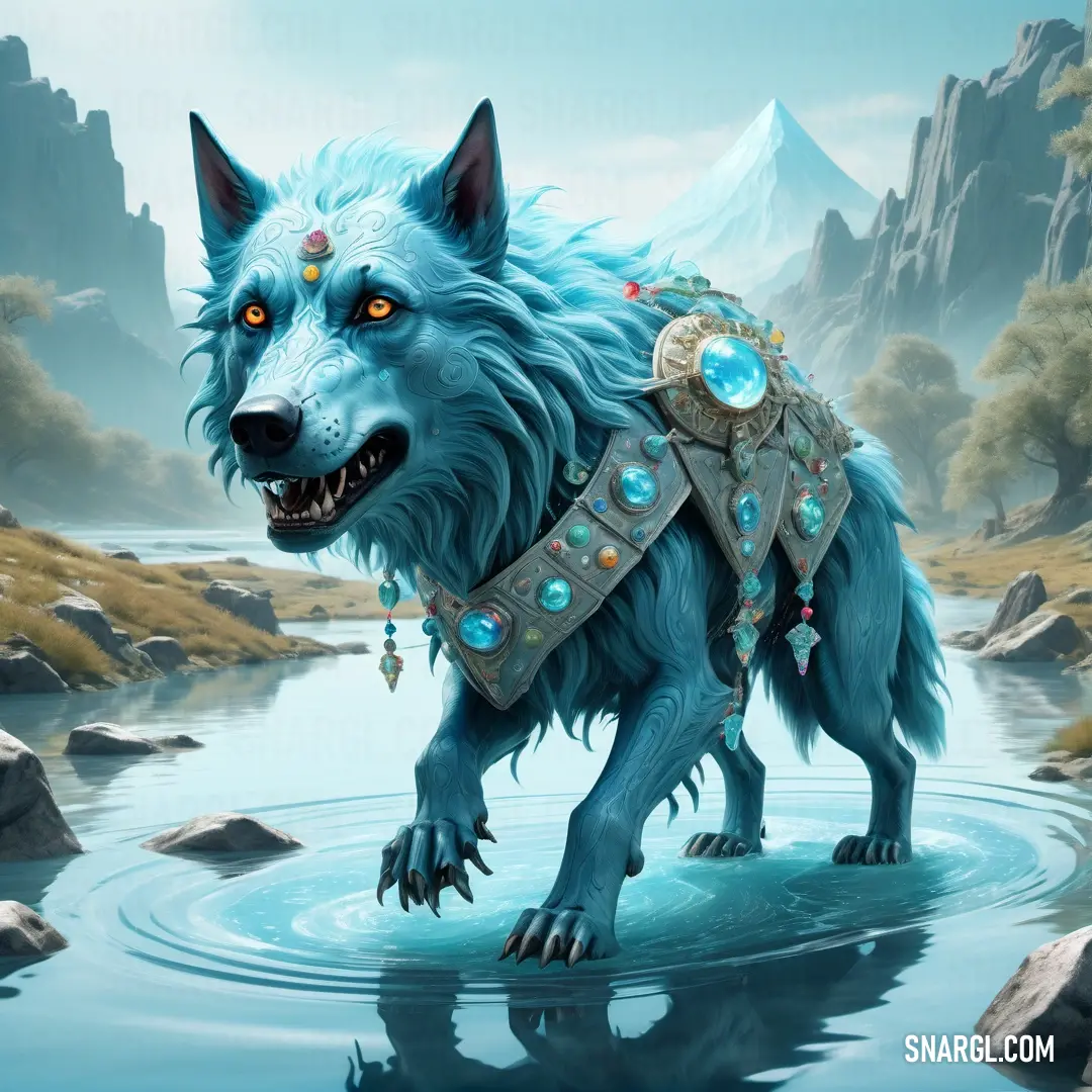 Blue wolf with a collar and jewels standing in a river with rocks and mountains in the background. Example of #519EC5 color.
