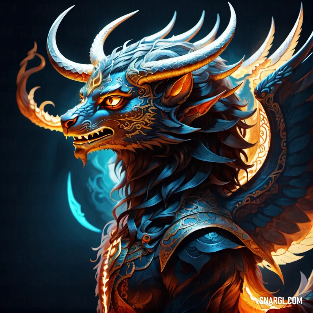 Dragon with large horns and wings on its head, with a blue background. Color #519EC5.