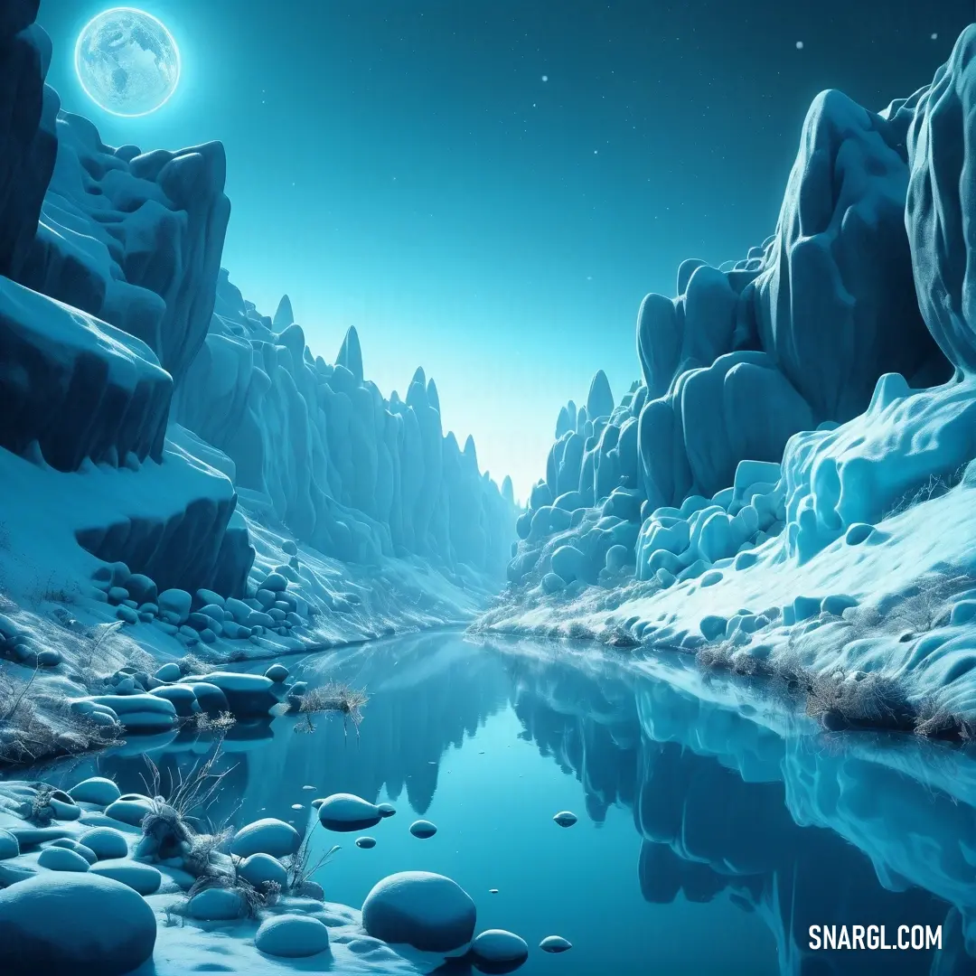 PANTONE 2389 color. Painting of a mountain lake with rocks and ice on the water and a full moon in the sky
