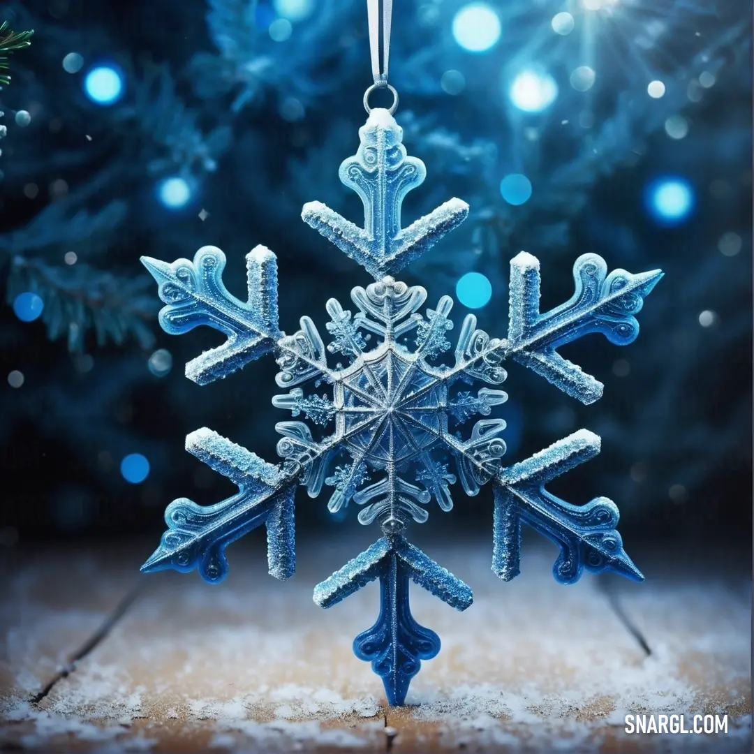 Snowflake hanging from a christmas tree in the snow with a blue background. Example of RGB 81,158,197 color.